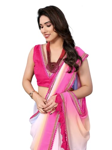 Image of RAJESHWAR FASHION WITH RF Women's Fancy Desian Ombre Georgette Saree For Women With Latkan Tassels Lace Border & Unstitched Blouse
