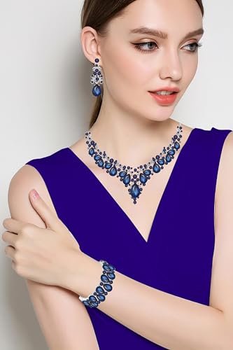 Elegant Bridal Wedding Jewelry Set for Women/Brides/Bridesmaids Teardrop Crystal Leaf Cluster Jewelry Set for Wedding Prom Party Bridal Bridesmaids Rhinestone Crystal Necklace Earrings Bracelet Set3