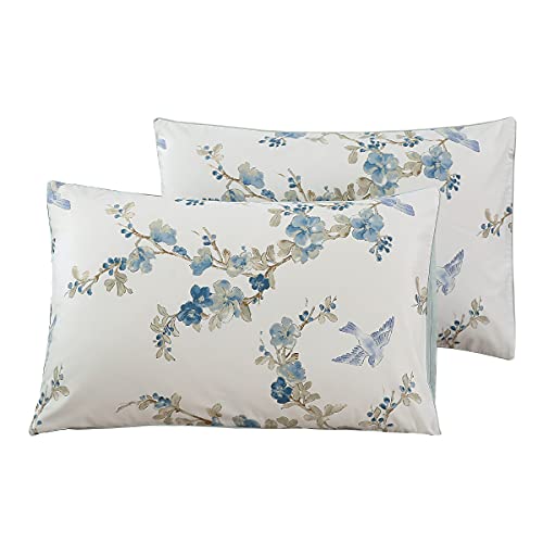 Styho 100% Egyptian Cotton Floral Printed Pillow Cases 2 Pack Standard Size Pillow Cover for Hair and Skin(Aqua blue,50 x 75cm)