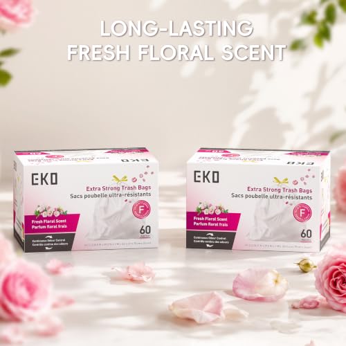 Image of EKO Ultra-Strong Extra-Tall 13 Gallon Kitchen Trash Bags, Floral, 60 Ct
