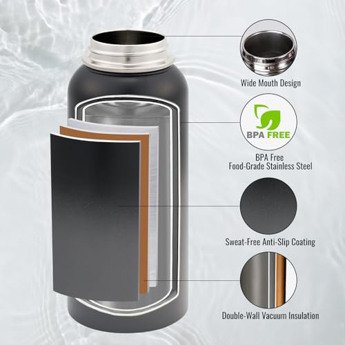 Image of Fijinhom Insulated Water Bottle with Handle, 304 Stainless Steel Water Bottles with Wide Mouth, Double Wall Vacuum Sports Water Bottle, BPA Free, Keep Cold and Hot, 32 Ounces Black /Gray