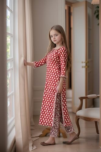 Image of Girls Printed Pure Cotton Kurta Pant with Dupatta