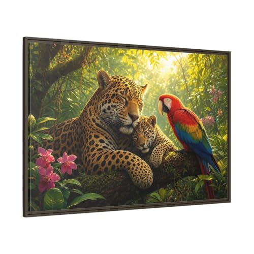 Tableau jaguar jungle de 120x80 cm avec cadre espresso pour décoration murale de salon