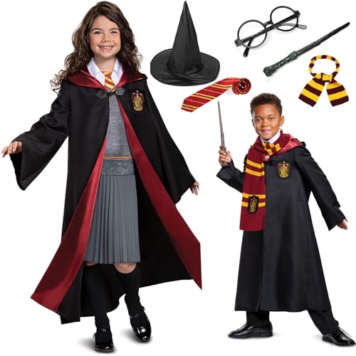 GOGOBAO Unisex Wizard Cloak Costume Set for Kids 6Pc Magician Wizarding Robe Outfits with Hooded Cape Magic Hat Wand Scarf Glasses Tie Movie Dress Up Accessory for Halloween Cosplay (Kids S)