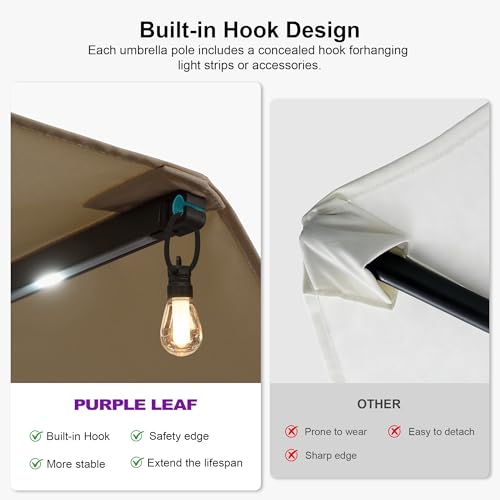 Image of PURPLE LEAF 14ft Patio Umbrella with Solar Lights Outdoor Double-Sided Market Umbrella with Base Included Rectangle Table Umbrella for Pool Garden Backyard, Khaki