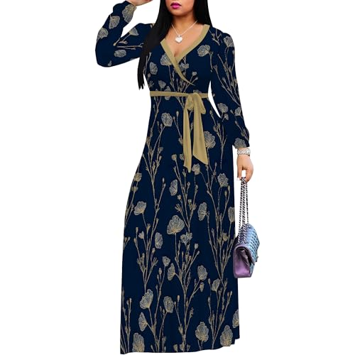 Image of PinkPatty Women's Print Maxi Dresses 3 /4 Sleeve Flowy Long Dress V Neck Wrap Tie Waist Sundress