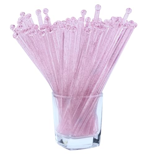 Tdfronien 100 Pieces Disposable Plastic Round Top Clear Swizzle Sticks Crystal Cake Stick Cocktail Coffee Drink Stirrers Valentines Day 7.24 Inch (Pink)
