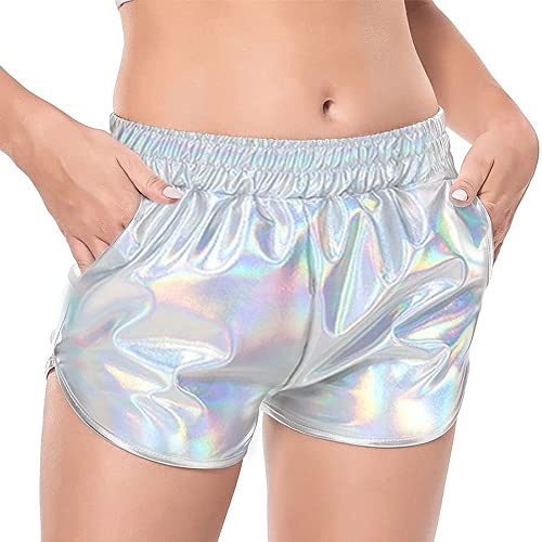 MAKARTHY Women's Metallic Shorts Elastic Waist Shiny Sparkly Rave Pants