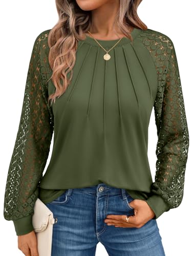 AUTOMET Womens Long Sleeve Shirts Lace Tops Business Casual Blouses 2026 Fall Winter Fashion New Years Eve Nye Outfits Trendy Clothes Knit T Ladies Dressy Work Professional Clothing ArmyGreen L