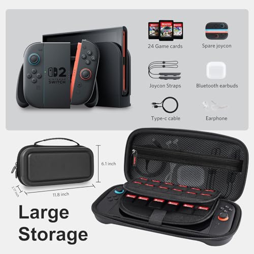 cobak large capacity carrying case for nintendo switch 2 2025 - 3 in 1 accessories bundle with 2 screen protectors thumb grip caps 24 game cartridges hard shell portable travel pouch black