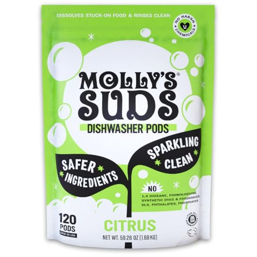 Image of Molly's Suds Dishwasher Pods | Clean Dishwasher Detergent, Cuts Grease & Rinses Clean (Residue-Free) for Sparkling Dishes | 120 Auto-Release Tabs (Citrus)