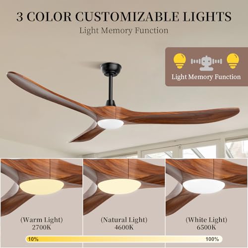 Image of Obabala 70 inch Outdoor Ceiling Fan with Light and Remote, Solid Wood 3-Blade Ceiling Fan with DC Motor for Patio and Farmhouse, Dark Walnut