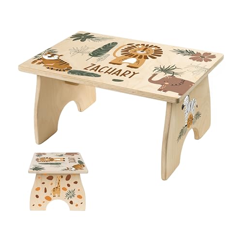 Step Stool for Toddlers Personalized Wood Kids Step Stool with Name for Kitchen Sink Bathroom Potty Training Toilet Kitchen Sink Sturdy and Safe Made in USA by BloomOwl Jungle Earthy