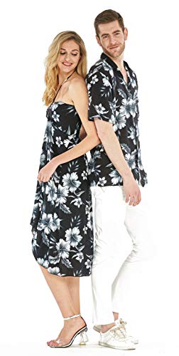 Couple Matching Hawaiian Luau Party Outfit Set Shirt Dress in Black Rafelsia2