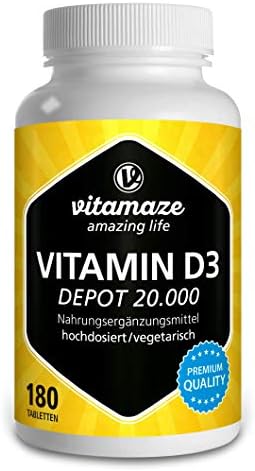 Vitamin D3 hochdosiert 20000 IE pro Tablette (20-Tage Dosis), 180 vegetarische Tabletten (teilbar), Natürliche Nahrungsergänzung ohne Zusatzstoffe, Made in Germany