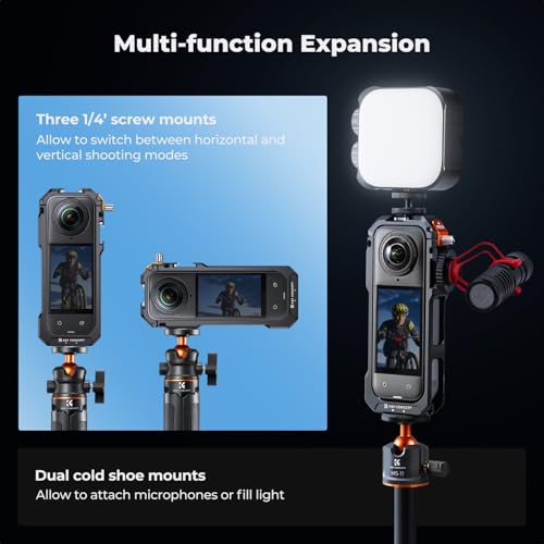 Image of K&F CONCEPT Camera Cage with Silicone Lens Cover for Insta360 X5 | Aluminum Alloy Protective Case Frame with 2 Cold Shoe Mounts for Microphone and Led Video Light Built-in 1 /4 inch Screw Hole CI01