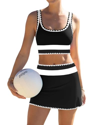 Popvil Women's High Waisted Tummy Control 3 Piece Swimsuit with Skirt Bikini Set