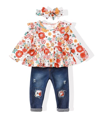 Image of Baby Girl Clothes Toddler Girls Winter Outfits Infant Clothing Ruffle Top Denim Pants Jeans Cute Fall Outfit Set