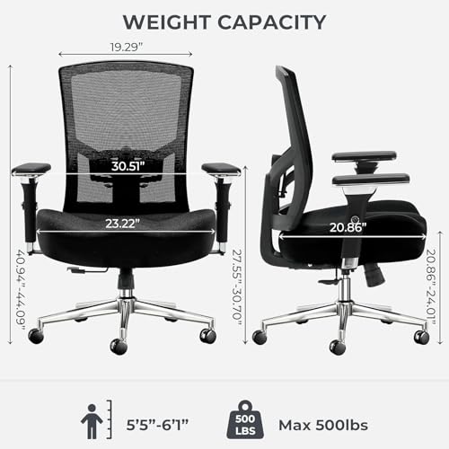 Big and Tall Office Chair 500lbs, Ergonomic Oversize Mesh Desk Chair, Heavy Duty High Back Computer Chair with Wide Thick Seat Cushion, Adjustable Lumbar Support, 4D Armrests image 7