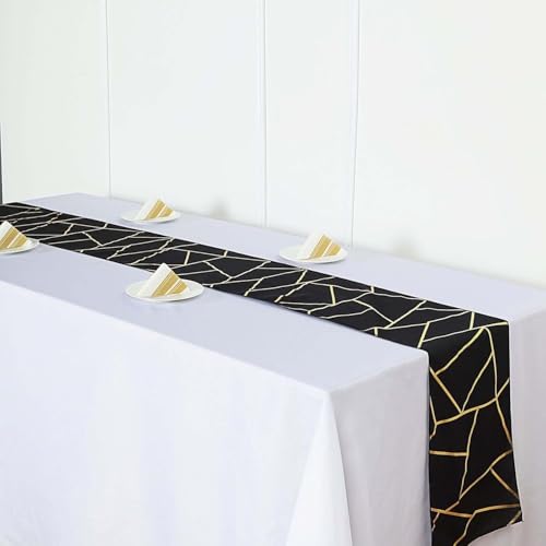 Efavormart 9 Ft Metallic Black/Gold Foil Geometric Pattern Blush Polyester Table Runner