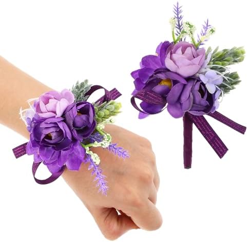 2PCS Purple Corsage and Boutonniere Set, Bride Corsage Wristlet A...