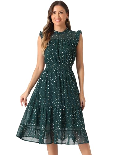 Allegra K Vestido Casual de Gasa para Mujer, sin Mangas, Cintura ahumada, Dorado, Estrellas...