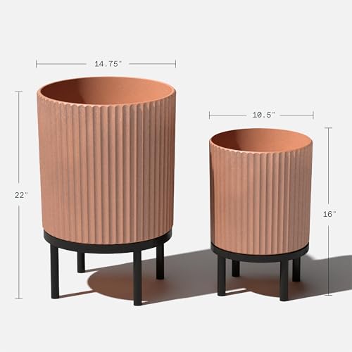 Image of Veradek Demi Series Raised Duo Planters - Set of 2 Planters with Stands | Made From a Durable Plastic-Stone Composite & Comes With Wooden Stand. Modern Porch /Patio Decor