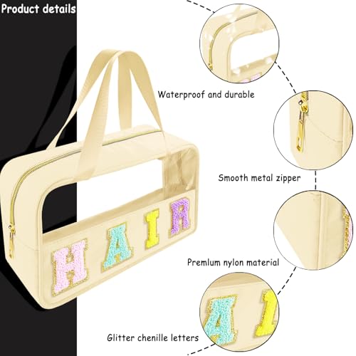 Chenille Letter Clear Makeup Bag Hair Patch, Travel Toiletry Makeup Bag with Handle, Nylon Waterproof Makeup Bags clear cosmetic bag, preppy patch makeup bag for Women (HAIR-Beige)3