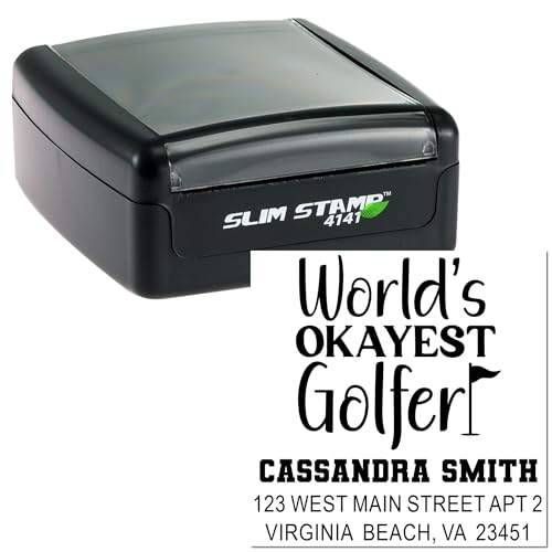 Image of Travel Okayest Golfer Slim Pre Inked Address Stamper Custom Made for Cards | Choice of 5 ink colors. Portable Address Stamper. Golf Club Stamp. Your name and address. Slim travel body. Stores flat.