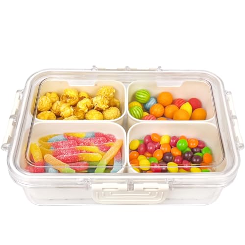 STORICANS Snackle Box Snack Tray with 4 Removable Compartments,Divided Serving Tray with Lid,Portable Food Storage Container Clear Organizer for Nuts, Fruit,Candy,Veggie, Candy,Spices
