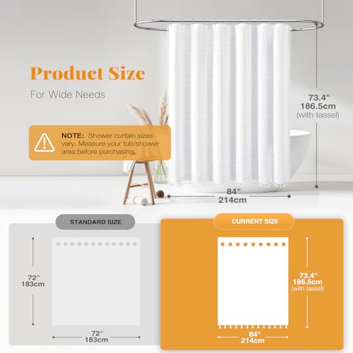 Image of BTTN 84x72 Boho Farmhouse Linen Thick Water Repellent Shower Curtain, White | Wide Size, Heavy Duty Fabric, 14 Plastic Hooks, Three-sided Tassels, Bohemian French Country, Machine Washable, Wrinkle Free