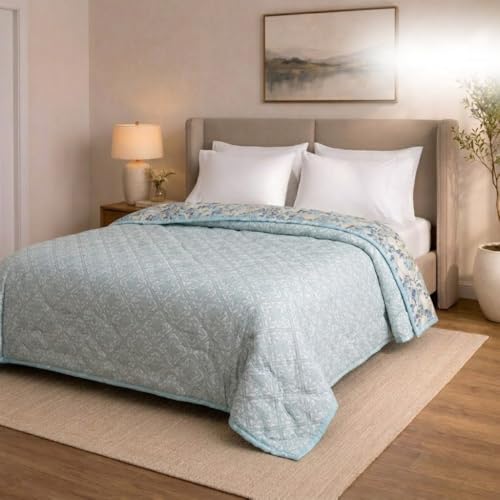 Image of Dream Living Luxury ULTRASONIC AC Comforter - Quilted Microfiber | 120 GSM | All‑Season for Bedroom, Travel (220x220 cm) White & Blue