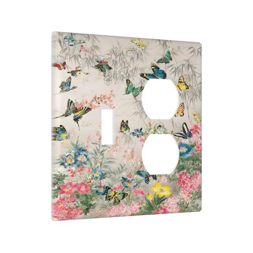 Decorative Outlet Covers Boho Wildflowers Butterfly Rustic Blue Pink Flowers 2 Gang Wall Plate Cover Single Toggle Duplex Combo Two Switch Light Switch Cover Plate Jumbo GFCI Faceplate