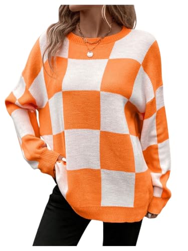 Image of SHENHE Women's Checkered Color Block Oversized Sweater Plaid Crew Neck Drop Shoulder Pullovers