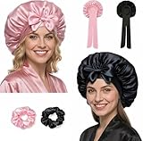 2 Stück Satin Seidenhaube zum Schlafen in Seidenoptik, Verstellbare Haarhaube für die Nacht für Lockiges und Lange Haare, Bonnet Sleep Cap, Bonnet Seide Schwarz und Rosa