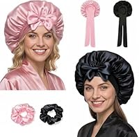 2 Stück Satin Seidenhaube zum Schlafen in Seidenoptik, Verstellbare Haarhaube für die Nacht für Lockiges und Lange Haare, Bonnet Sleep Cap, Bonnet Seide Schwarz und Rosa