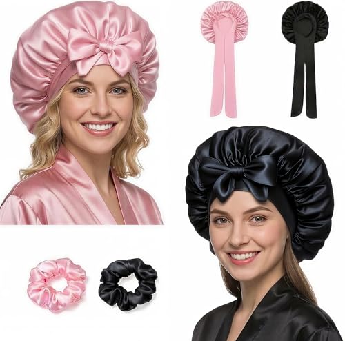 2 Stück Satin Seidenhaube zum Schlafen in Seidenoptik Verstellbare Haarhaube für die Nacht für Lockiges und Lange Haare Bonnet Sleep Cap Bonnet Seide Schwarz und Rosa