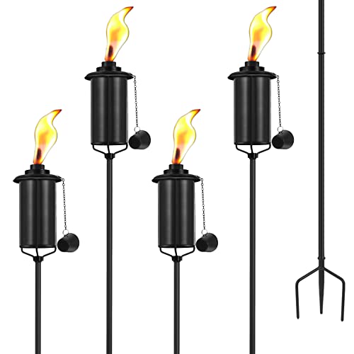 SNOGSWOG 4 Pack Garden Torches, 16 oz Metal Torch for Outside with 3-Prong Grounded Stake, Outdoor Decorative Citronella Torches, 59 inch Garden Décor Torches