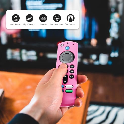 Image of (2 Pack) ONEBOM Silicone TV Remote Cover Case, Anti Slip Silicone Protective Control Case Cover with Lanyard(Glow Pink&Sky Blue)