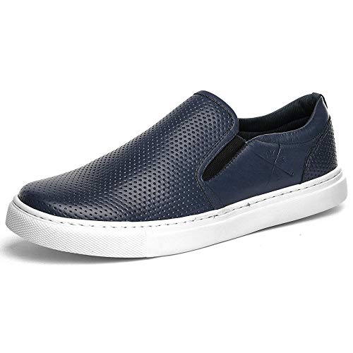 Sapatenis Iate Slip On Masculino Couro Furadinho Cor:Azul;Tamanho:37