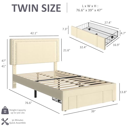 Image of VECELO Twin Size Upholstered Bed Frame with Storage Drawer, Adjustable Velvet Rivet Decor Headboard, Wooden Slats Platform Support, No Box Spring Needed, Easy Assembly,Beige