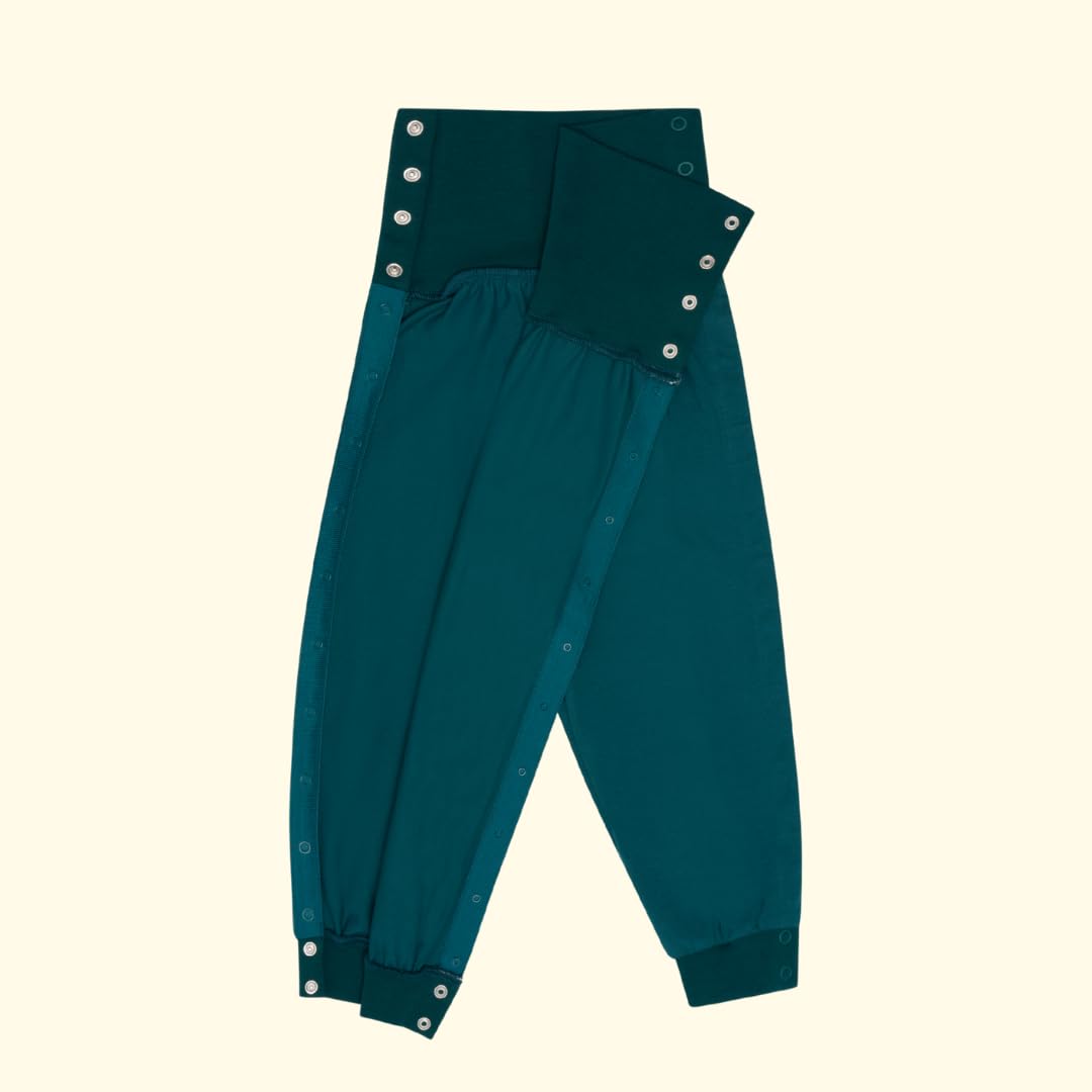 Jerseyhose für Kinder – für Prothese, Orthese, Rollstuhl, Stoma – weicher Bio-Jersey mit Druckknopfband – Orthesenhose bis Gr. 140 – Dunkelgrün