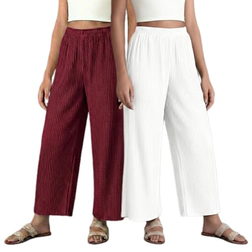 Image of Set of Combo Trouser and Pants for Girls and Women's Relaxed Fit Stretchable Regular Fit Palazzos Lightweight Elastic Waistband Bottoms for Daliy Office & Casual Wear