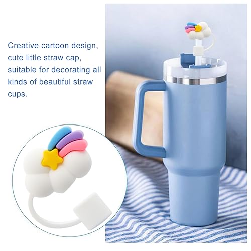 Image of Flower Straw Cover Cap for Stanley Cup Silicone Straw Topper Compatible with 30 and 40 Oz Tumbler with Handle,Straw Tip Covers 10 mm 0.4 in for Straw Tip Covers (6pcs Rainbow Flower Strawberry)