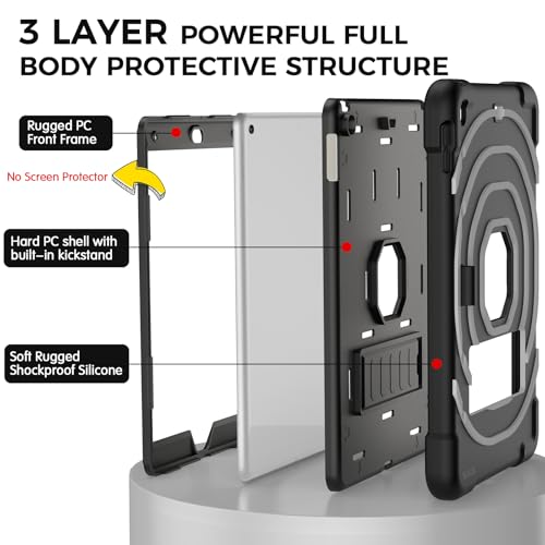 SIBEITU Case for iPad 9th 8th 7th Generation 2021 2020 2019(10.2 inch) with Pencil Holder, Shockproof Heavy Duty Military Grade Protective Cover for iPad 10.2" 9/8/7 Gen with Kickstand (Black +Grey)