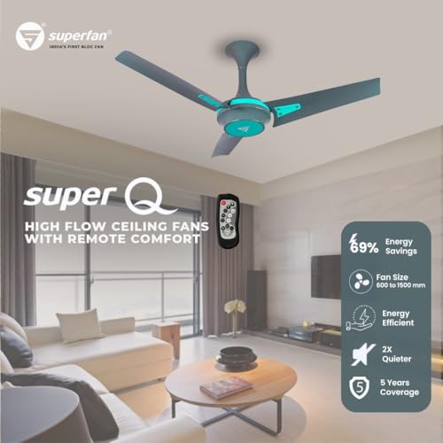 Image of Superfan Super Q 1400 mm (56 Inch) High Flow BLDC Ceiling Fan with Remote | 300 CMM Airflow | 270 CMM @ 30 W | Quiet Energy Efficient Cooling | 5 Year Warranty | Pearl White