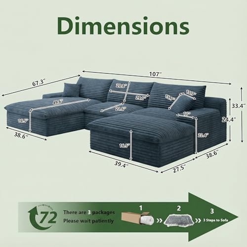 Image of 107 inch Cloud Couch Modular Sectional Sofa for Living Room, U-Shape Boneless Couch with Deep Seat, Modern Corduroy 3-Seater with Ottoman, No Assembly Required (Blue,Left-Facing Chaise)