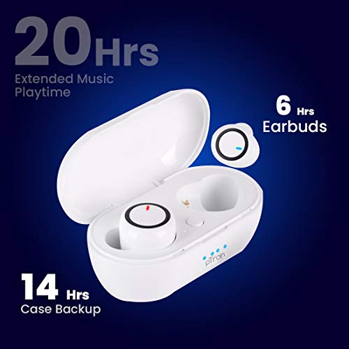 Image of PTron Bassbuds in-Ear True Wireless Bluetooth 5.0 Headphones with Hi-Fi Deep Bass, 20Hrs Playtime with Case, Ergonomic Sweatproof Earbuds, Noise Isolation, Voice Assistance & Built-in Mic - (White)