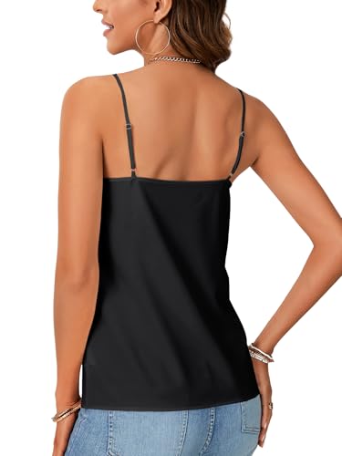 Image of Vrtige Women's Satin Tank Summer Top Adjustable Spaghetti Lace Trim V Neck Strap Camisole