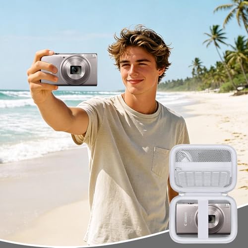 Image of Camera Case for Canon PowerShot ELPH 360 HS A, IXY 650 /ELPH 360 Camera Protective Case Storage Holder Travel Bag with Wrist Strap, Mesh Pocket for Battery Pack, USB Cable, White